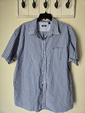 Izod Blue and White Gingham Short Sleeve Button-Down Shirt